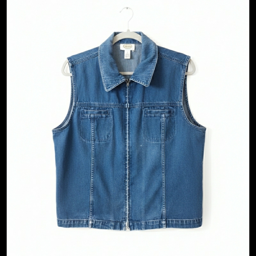 albots Denim Vest Mid Wash Blue Full Zip Sleeveless Jacket Medium Indigo Utility